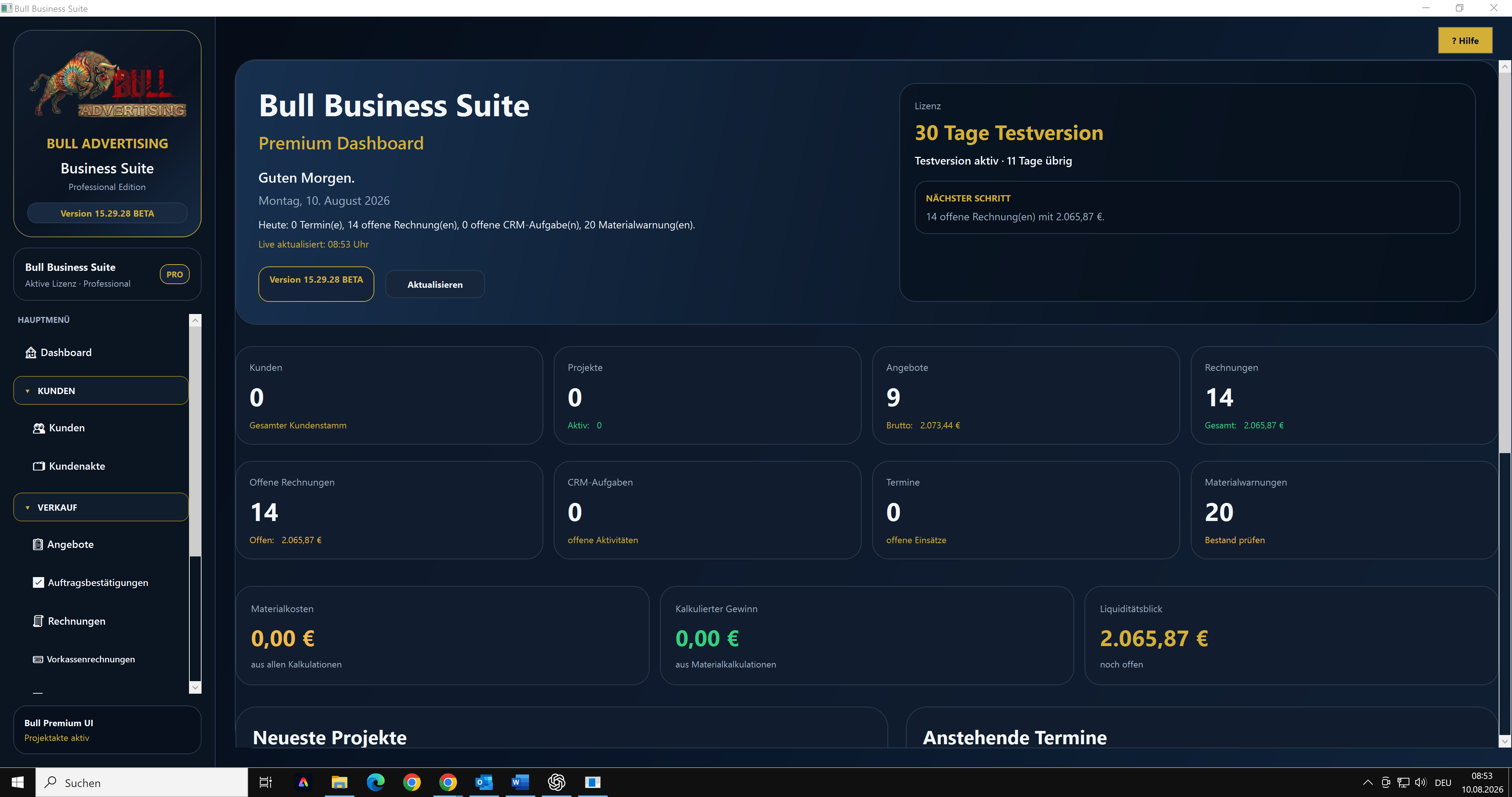 Premium-Dashboard in der Bull-Anwendung