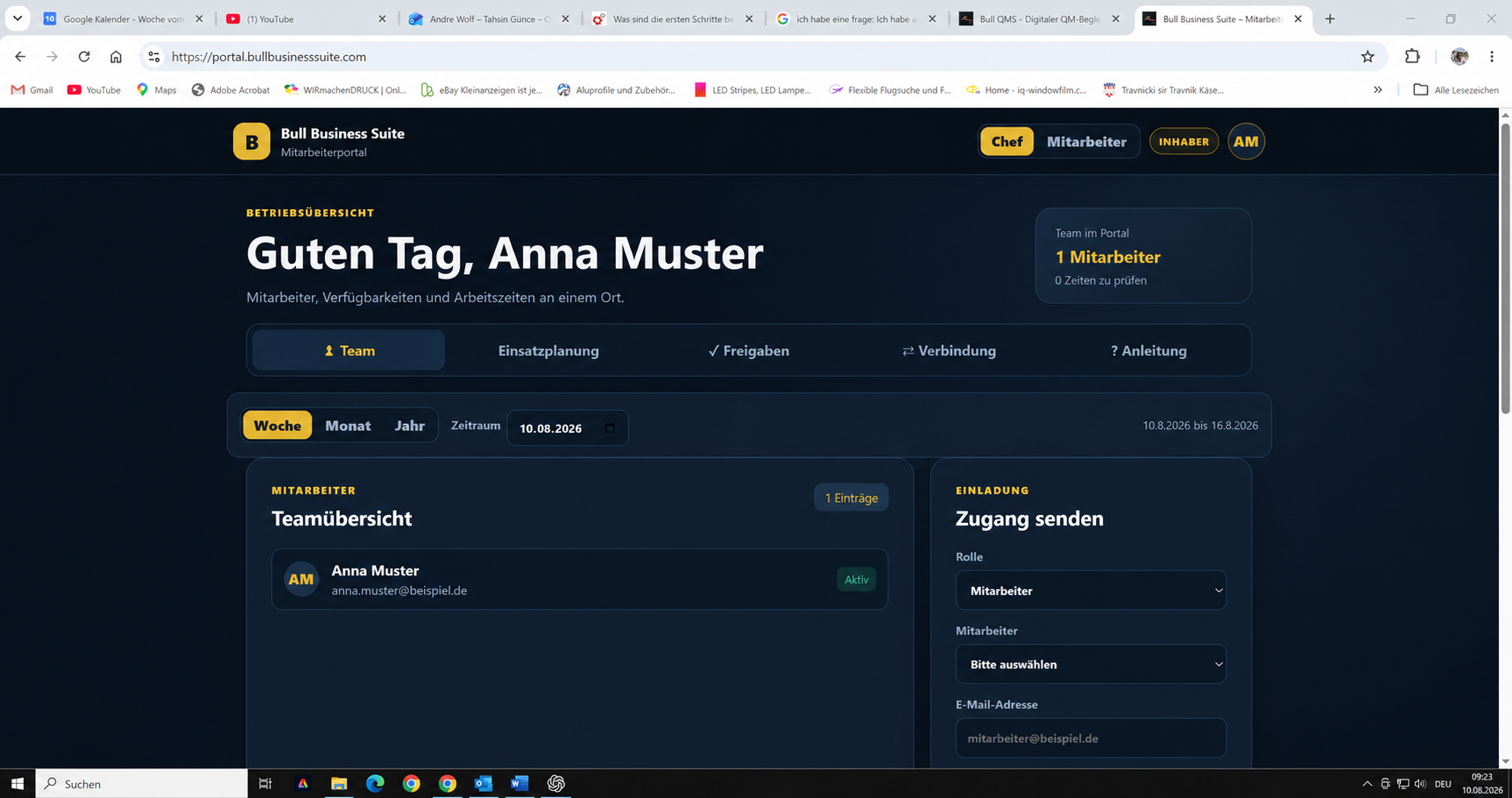 Teamübersicht und Einladungen in der Bull-Anwendung